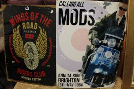 Two metal advertising signs - rider's club and calling all MOD's