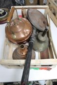 A tray of nineteenth century copper kettle,