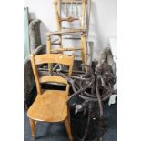 An antique wooden bench together with two chairs, stick stand and chair (for restoration).