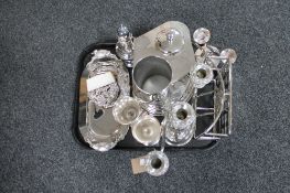 A tray of silver plated items, cocktail stand,