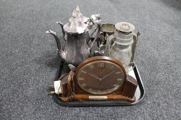 A tray of silver plated tea service, metal oil lamp,