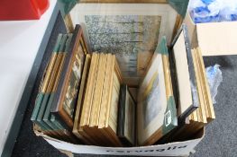 A box of gilt framed pictures and prints,