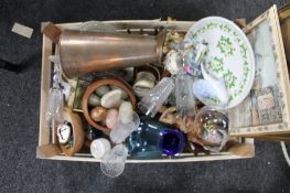 A box of ornaments, glass, copper jug,