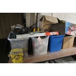 Four boxes of power tools, garage tools, spade,