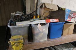 Four boxes of power tools, garage tools, spade,