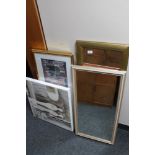 Two decorative mirrors together with two colour prints and a canvas picture
