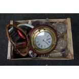 A crate of reproduction marine clock, barometer, playing cards,