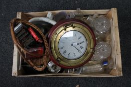 A crate of reproduction marine clock, barometer, playing cards,