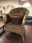 A wicker chair with basket