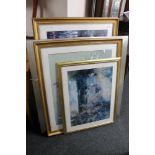 Three large framed colour prints and one other.