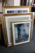 Three large framed colour prints and one other.