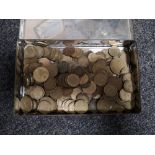 A tin of coins - three pence pieces etc