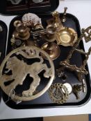 A tray of brass, trivet stand,