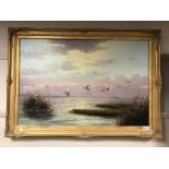 Twentieth century school - ducks flighting, oil on canvas, framed.