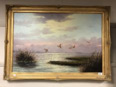 Twentieth century school - ducks flighting, oil on canvas, framed.