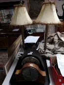 A tray of decorative table lamp and two mantle clocks