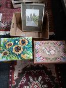 Two tapestry topped stools and a print