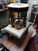 An oak footstool together with a tapestry topped stool