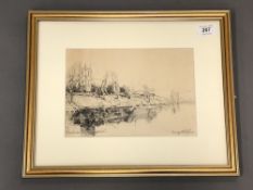 George Edward Horton (1859 - 1950) : Church on a River, pencil, signed, 17 cm x 24 cm, framed.