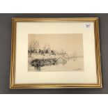 George Edward Horton (1859 - 1950) : Church on a River, pencil, signed, 17 cm x 24 cm, framed.