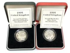 Two silver proof two-pound coins, 50th Anniversary of the End of The Second World War,