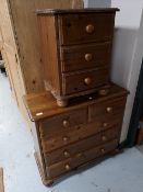 A pine three drawer chest and pine five drawer chest