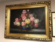 An oil on canvas- still life with flowers in a bowl