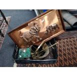 A copper picture modelled as elephants, brass fire companion items,