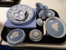 A tray of Wedgwood blue and white jasper ware china