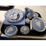 A tray of Wedgwood blue and white jasper ware china