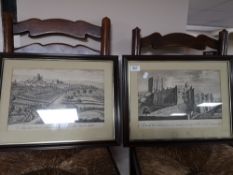 A pair of engravings depicting the east view of Durham and north view west of the castle
