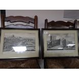 A pair of engravings depicting the east view of Durham and north view west of the castle