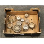 A box of silver items; lidded pots,