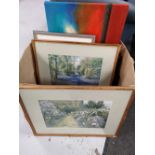A quantity of decorative gilt framed pictures and prints, modern canvas picture, study of a beach,