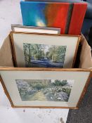 A quantity of decorative gilt framed pictures and prints, modern canvas picture, study of a beach,