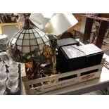 A crate of Tiffany style table lamp, Sony mini system,