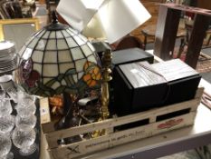 A crate of Tiffany style table lamp, Sony mini system,