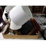 A box of pictures and prints, table lamp,