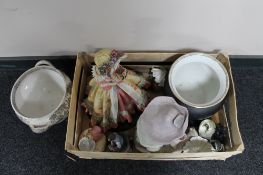 A large ceramic figure of a child holding an apple together with an Adams ware urn etc