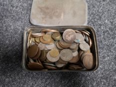 A tin of coins, copper,