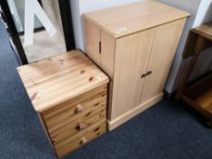 A beech double door locker together with a pine three drawer chest