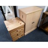 A beech double door locker together with a pine three drawer chest