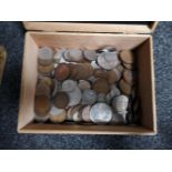 A cigar box of coins - Churchill crowns etc