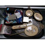 A tray of dressing table set, costume jewellery,