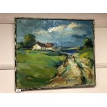 Continental school : oil on canvas depicting landscape with cottage by a lake