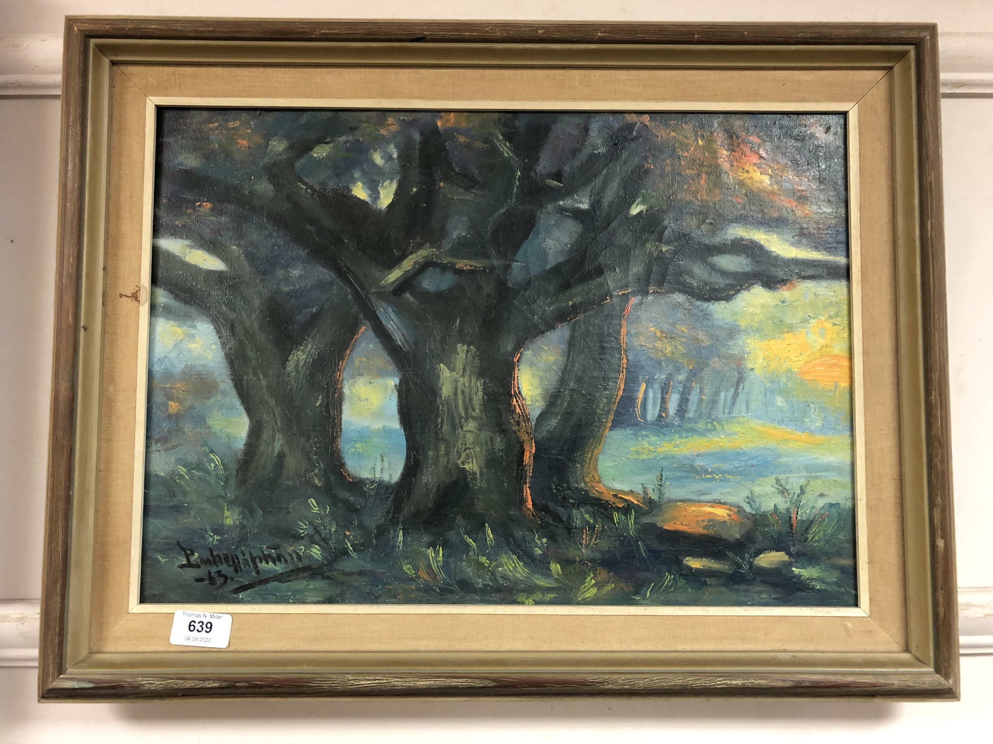 Continental school : oil on canvas depicting trees by sunset