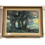Continental school : oil on canvas depicting trees by sunset