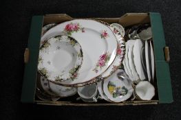 A box of Royal Albert and other tea china, dinner ware.