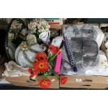 Two boxes of ornaments, table lamp, frameless mirror, linen,