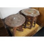 An antique eastern inlaid ivory folding table and further carved table
